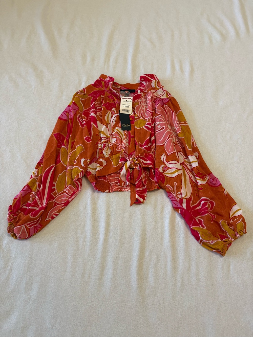 RACHEL Rachel Roy Pink Orange Floral Tie-Front Crop Top
